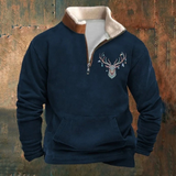 Peter | Olive Deer-Motif Half-Zip Sweatshirt
